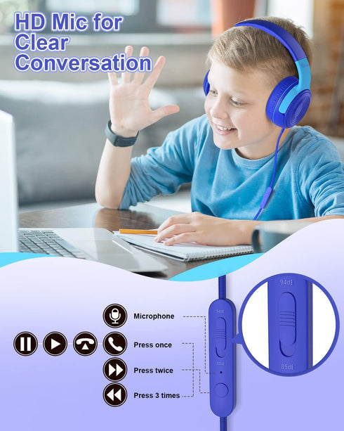 ELECDER Kids Headphones, S8 Wired Headphones for Kids with Microphone for Boys Girls, Adjustable 85dB/94dB Volume Limited (Navy/Blue)......
