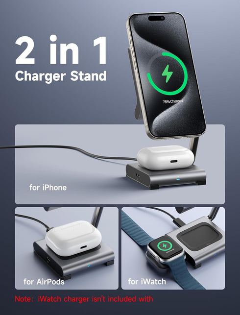 JSAUX 2-in-1 Wireless Charging Station, 15W Magsafe Charger Foldable Metal Magnetic Charger Stand Compatible with iPhone 15/15 Pro Max/14 13 AirPo...