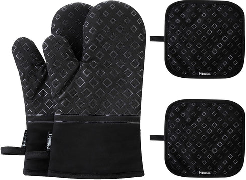 Set of 4 Oven Mitts and Pot Holders, 482 F Heat Resistant Hot Plate Moving Non-Slip Gloves for BBQ, Grill, Baking, Cooking, Oven, Microwave (Black...
