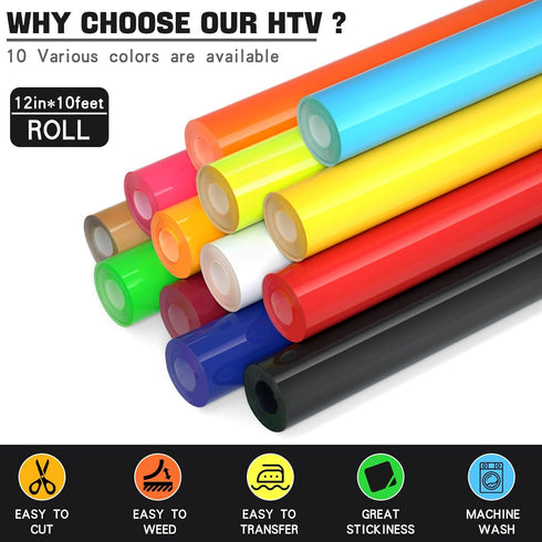 Heat Transfer Vinyl for T-Shirts,12" x 10ft White HTV Vinyl Rolls - Iron on Vinyl Compatible for All Cutting Machine, Easy to Cut & Weed for DIY H...