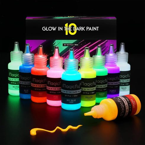 Magicfly Acrylic Glow in The Dark Paint, 10 Bright Colours Liquid Luminous Paint, Neon Paints Glow in Dark for Painting, Halloween Decoration, DIY...