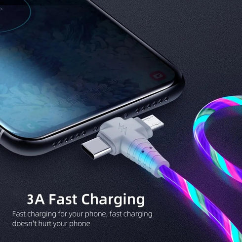 3 in 1 LED RGB USB Charging Cable, USB C, Micro B, and 1 pin for I Products...