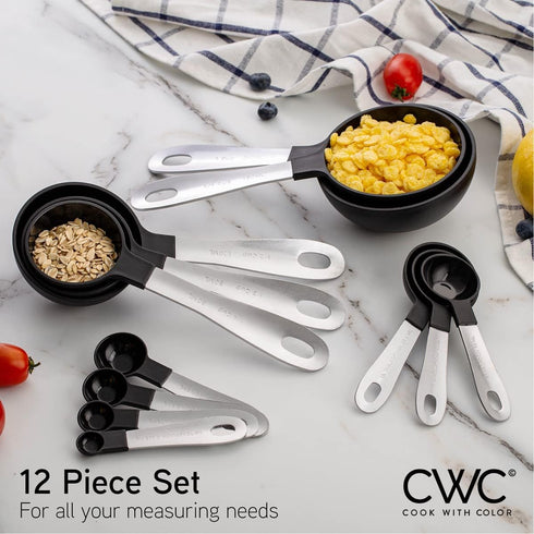 COOK WITH COLOR Measuring Cups Set and Measuring Spoon Set, Stainless Steel Handles, Nesting Kitchen Measuring Set, Liquid Measuring Cup Set, 12 P...