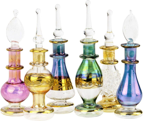 NileCart Egyptian Perfume Bottles 6 Pack Size 2” Hand Blown With Handmade Golden Egyptian Decoration For Perfumes Oil & Essential Oils....