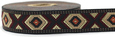 11 Yard Spool 0.98 inches Wide Brown&Claret Red Geometric Jacquard Ribbon Sewing Trim Upholstery Fabric 25952 V3...