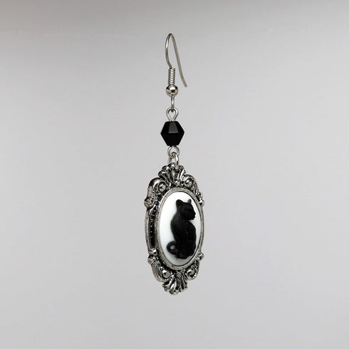 Black Cat Cameo In Silver Finish Frame Dangle Earrings with Black Bead...