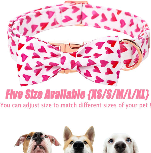 Valentine's Day Dog Collar with Bow Tie, White Red Love Male Dog Collar with Safety Metal Buckle Adjustable Puppy Collars for Small Medium Large B...