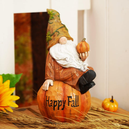 Topadorn Fall Garden Gnome Figurine Sitting on Pumpkin Statue Autumn Harvest Garden Gnomes Statue Figurine for Patio Yard Lawn Porch Decoration?Ha...