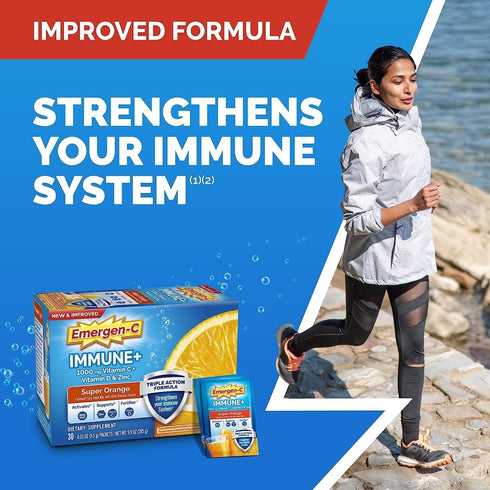 Emergen-C Immune+ Triple Action Immune Support Powder, BetaVia (R), 1000mg Vitamin C, B Vitamins, Vitamin D and Antioxidants, Super Orange – 30 Co...