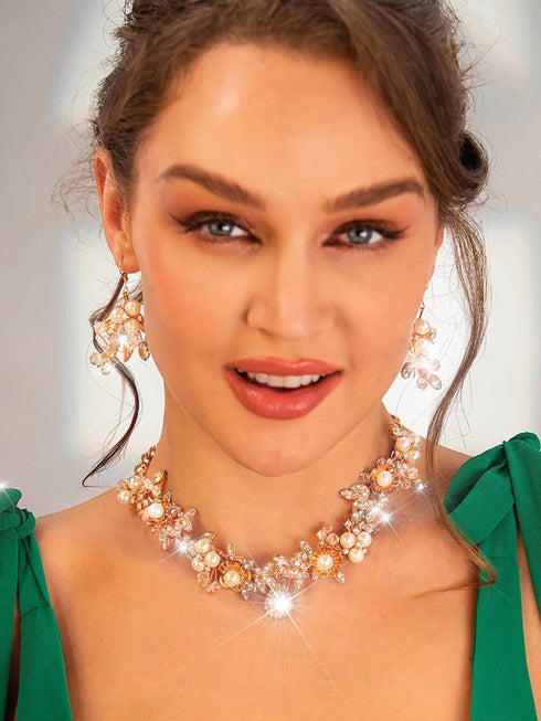 Aukmla Bridal Jewelry Set Gold Rhinestones Wedding Necklaces Earrings Sets Earring Sets Pearl Prom Costume Jewelry for Women and Brides...