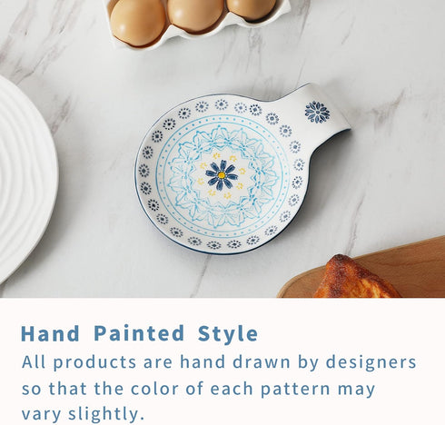 Hand Painted Spoon Rest, 5.5" Ceramic Spoon Holder for Stove Top and Kitchen Counter, Blue Pattern Utensil Rest, Great Cooking Gifts for Friends, ...