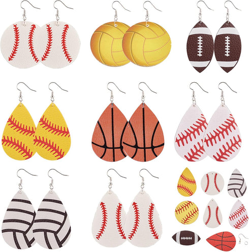 SUNNYCLUE DIY Make 8 Pairs Sport Charms Faux Leather Earring Making Starter Kit American Football Charm Flat Round Baseball Teardrop Charms for Je...