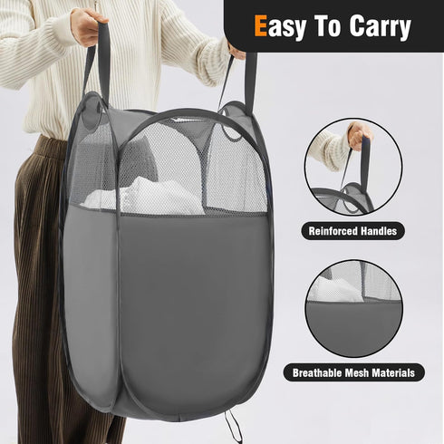 TECHMILLY Pop Up Foldable Laundry Basket, Mesh Laundry Hamper with Reinforced Handles for Dirty Clothes Storage in Dorm, Laundry Room, Bathroom, G...