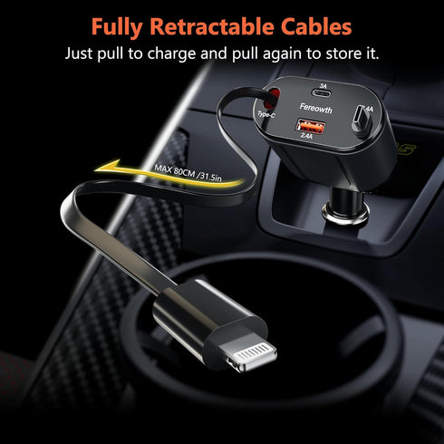 Retractable Car Charge 4 in 1 Fast Car Phone Charger Adapter PD 63W Phone Retractable Cables (31.5 inch) and 2 USB Ports Car Charger? Compatible w...
