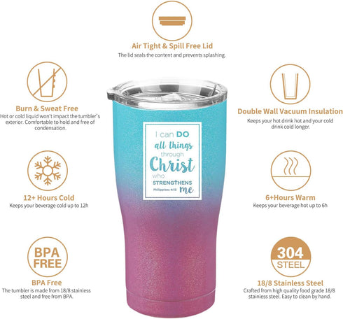 Philippians 4:13 Tumbler - I Can Do All Things Through Christ Who Strengthens Me - Stainless Steel Insulated Cup - Christian Gifts for Women (20 O...