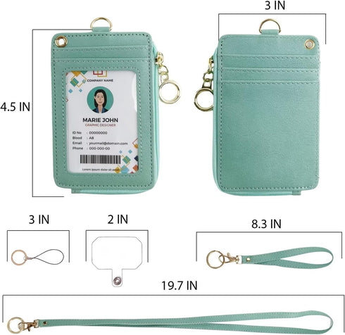 ID Badge Holder with Lanyard Wallet, PU Leather ID Badge Card Holder with 1 Clear ID Window, 4 Credit Card Slots, 1 Cash Coin Slot and Neck Lanyar...