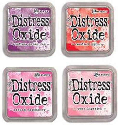 Tim Holtz Ranger Distress Oxide Ink Bundle - Four 3" x 3" Pads (D : Seedless Preserves, Candied Apple, Pickled Raspberry, and Worn Lipstick)...