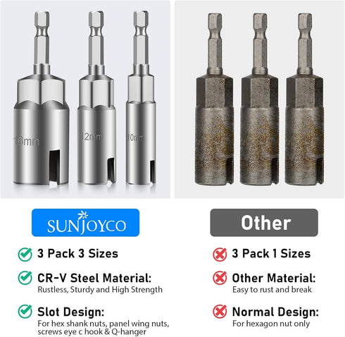 3Pcs Power Wing Nut Driver Set, SUNJOYCO 1/4" Hex Shank Slot Wing Nuts Bolt Driver Hook Drill Bit Socket Wrenches Tools Set for Panel Nuts Screws ...
