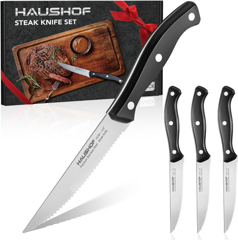 HAUSHOF Steak Knives Set of 4, Premium Stainless Steel Serrated Steak Knife Set with Gift Box, Full Tang and Ergonomic Handle, Gifts Knife Set for...