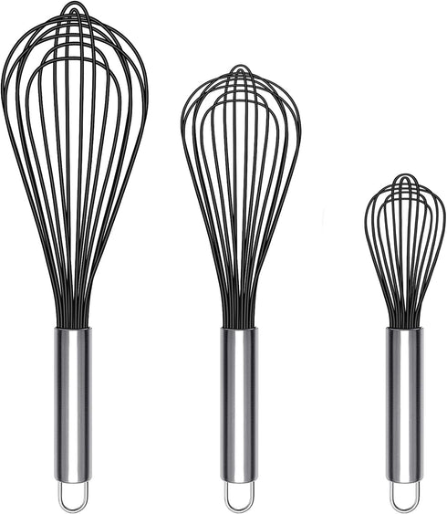 Silicone Whisk, Heat Resistant Stainless Steel Wire Whisk Set of 3, Kitchen Cooking Whisks No Scratch, Non-stick Cookware Balloon Egg Beater for B...