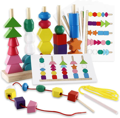 Montessori Beads Sequencing Toy Set, Wooden Stacking Blocks & Lacing Beads & Matching Shape Stacker STEM Preschool Learning Montessori Toys Gifts ...