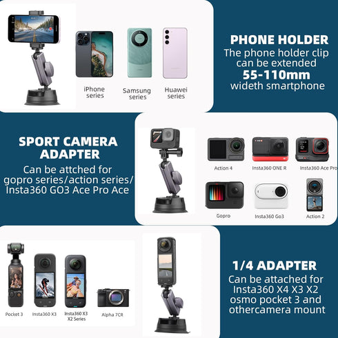 Powerful Suction Cup Car Mount for Insta360 X4 X3 X2,Windshield Window Dashboard Quick-release Holder for Pocket 3 GoPro 12 11 10 9 8 Action 4 3 i...