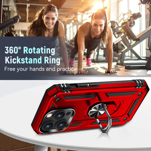 iPhone 14 Pro Max Case with Kickstand, Red-B, Dual Layer TPU/PC Protection, 360°Rotating Ring Stand, Waterproof, Compatible with Car Magnetic Moun...
