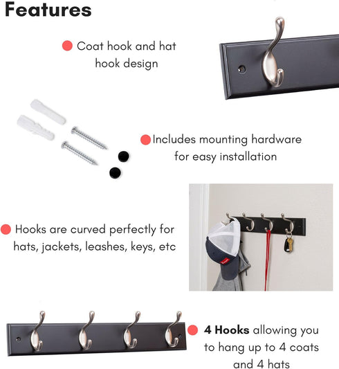 BIRDROCK HOME Oval Hook Coat and Hat Rack | 4 Hooks | Wall Mount | Black Finish | Satin Nickel Hooks...