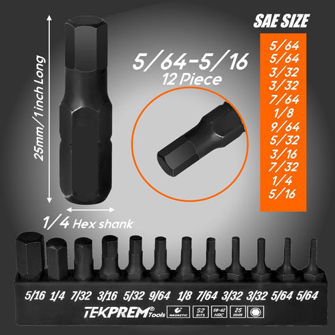 TEKPREM 24-Piece Metric & SAE Hex Bit Set with Magnetic 1/4" Screwdriver Bit Driver, Allen Wrench Drill Bits, Rubber Strip, and Storage Box...