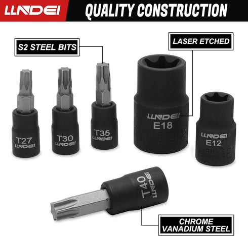 Torx Bit Socket and Female External Socket Set 24PCS, LLNDEI 10 Star Socket Bits (T8-T40)& 14 Female E-Torx Sockets (E4-E24) 1/4" 3/8" 1/2", CR-V,...