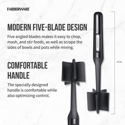 FARBERWARE Nylon Meat & Potato Masher, Heat-Resistant and Safe for Non-Stick Cookware, Durable 10-Inch Kitchen Tool with Ergonomic Handle, Black...