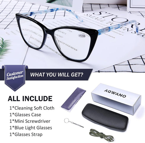 AQWANO Stylish Cat Eye Computer Reading Glasses Women, Oversized Designer Blue Light Block Eyeglasses Readers Anti UV400 Eyestrain, Black 1.5...