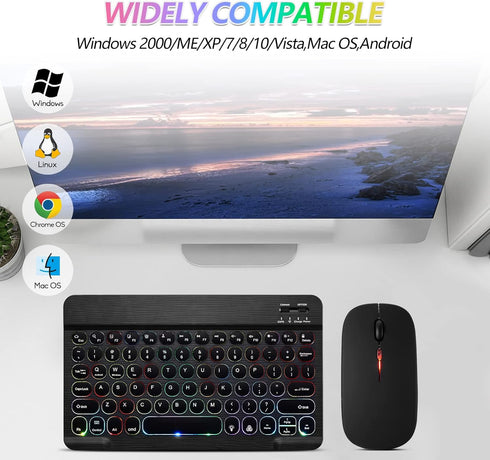 Ultra-Slim Bluetooth Keyboard and Mouse Portable Mini Wireless Keyboard Rechargeable 7-Color Backlit for Apple iPad iPhone Samsung Tablet iPhone S...
