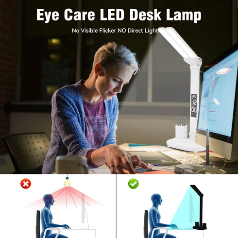 LED Desk Lamp Light with 2 Pen Holders, Time, Date, Temperature Display, Dimmable, 3 Color Modes, Touch Control, Foldable,Eye-Caring Table Lamp fo...