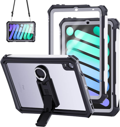 iPad Mini 6 2021 Case Waterproof with Pencil Holder, Built-in Screen Protector and Stand, Dustproof Shockproof Drop Proof Case, Rugged Full Body C...
