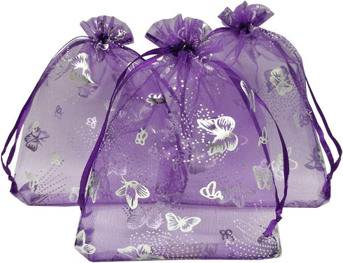 Ankirol 100pcs Sheer Organza Favor Bags Purple Butterfly Print For Wedding Gift Bags Samples Display Drawstring Pouches (4x6)...