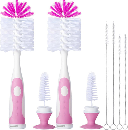2 Pack Baby Bottle Brush with 4 Pack Straw Brushes, 10.2" Nylon Brushe with Nipple Cleaner and Stand Suction Cup, Pink...