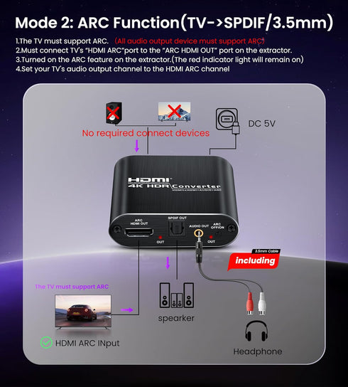 avedio links HDMI ARC Audio Extractor Converter 4K@60Hz, HDMI to Optical Toslink SPDIF + 3.5mm AUX Jack Stereo Audio Adapter Converter Splitter In...