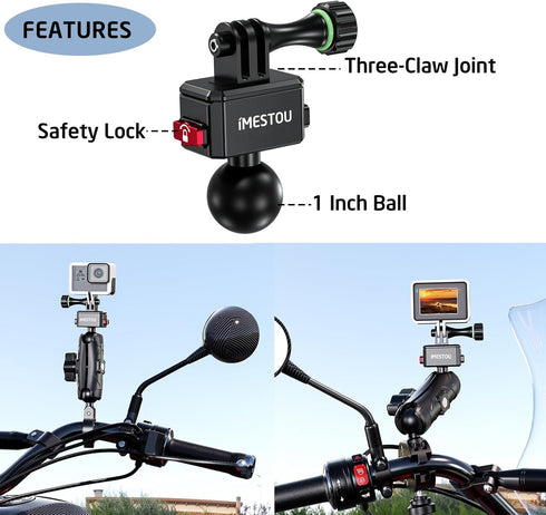 iMESTOU Action Camera Riding Mount with Three-Claw Joint for Gopro Motion Cameras, 1“ Ball Head 360° Adjustable Fits for RAM 1" Ball Bike Phone Mo...