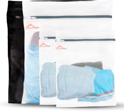 InsideSmarts Premium Mesh Laundry Bags Set of 4: Large (1 Black - 1 White), and Medium (2 White) - Elastic Gard & Rust-Proof Zipper Bags - Durable...