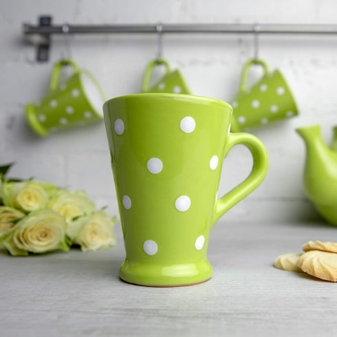 City to Cottage Handmade Lime Green and White Polka Dot Ceramic Coffee, Tea, Latte Mug, Cup with Large Handle, Unique 7 oz / 200ml Designer Potter...