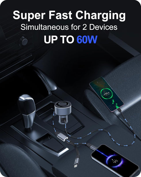 4-in-1 Retractable Car Charger, 60W Ultra-Fast Charging Car Charger, Car Adapter with 40-inch Type C/Lighting Charging Cable, Compatible with iPho...
