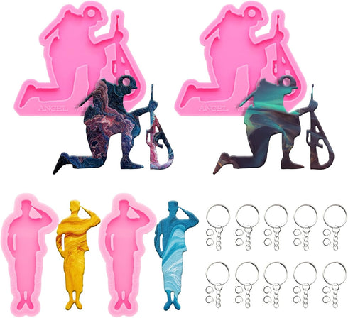 64Pcs Resin Molds Silicone Kit, 4pcs Shiny Glossy Soldier Shape Silicone Molds for Resin Epoxy Casting Molds, Keychains, Jump Ring for DIY Keychai...