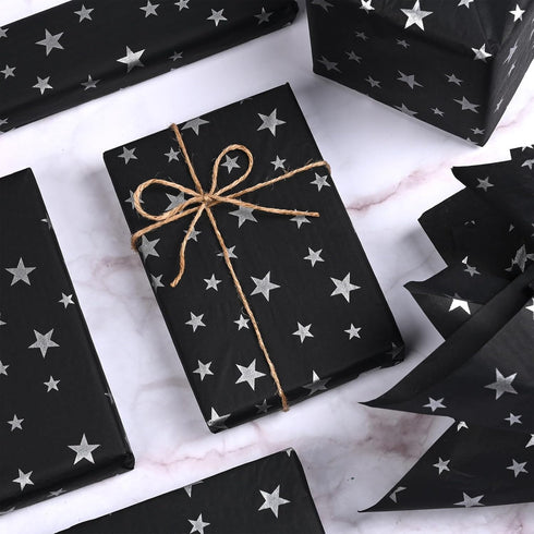 Bolsome 120 Sheets 20 * 14 Inches Black Tissue Paper with Silver Stars, Black Silver Tissue Paper for Gift Wrapping, Silver Stars Tissue Paper for...