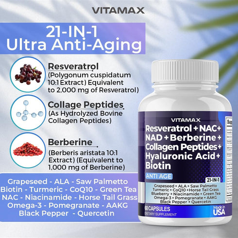 Vitamax Resveratrol NAD+ Berberine Hyaluronic Acid - Biotin Grape & Blueberry + NAC - Collagen Peptides - Hair, Nail, Skin & Joint Supplement - 21...