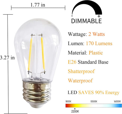 S14 Clear String Light Bulbs, 2W Plastic LED Replacement Bulbs for Outdoor Patio String Lights with E26 Base, Pack of 25...