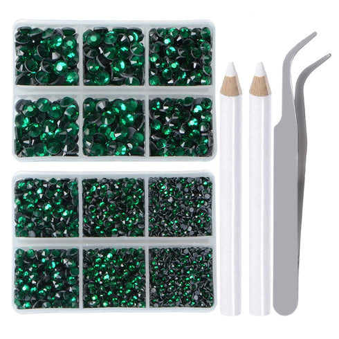 LPBeads 6400 Pieces Hotfix Rhinestones Emerald Flat Back 5 Mixed Sizes Crystal Round Glass Gems with Tweezers and Picking Rhinestones Pen...