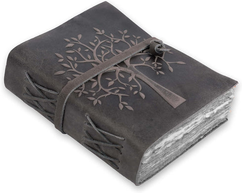 LEATHER VILLAGE Tree of Life Journal - 6 X 4 (A6) inches - Rustic Black - 200 Antique Deckle Edge Handmade Paper – Book of Shadows - Vintage Leath...