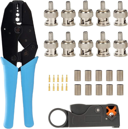 BNC RG58 Plug Crimp Connector and Striping Crimp Tool for RG58 RG59 Pack of 10...