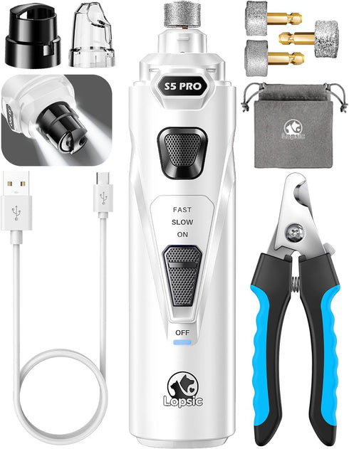 Dog Nail Grinder with 2 LED Lights Powerful 2-Speed Dog Nail Trimmers with 3 Grinding Wheels Super Quiet Rechargeable Pet Dog Nail Clippers Kit fo...
